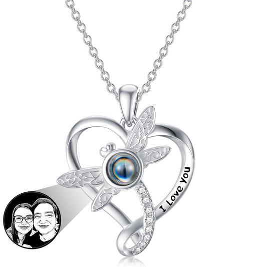Collar de corazón con libélula personalizable con foto oculta, Collar con mensaje oculto.