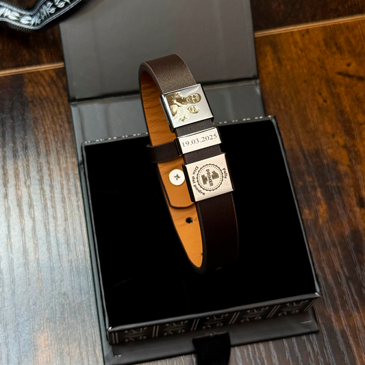 Pulsera de acero inoxidable y cuero genuino para caballero, pulsera personalizable con foto y texto