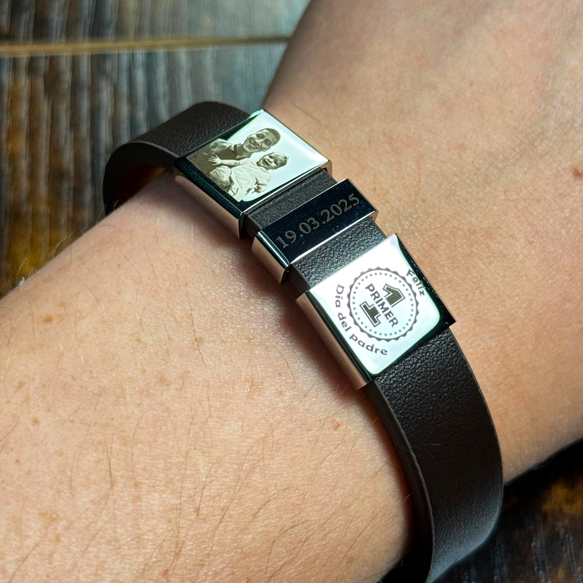 Pulsera de acero inoxidable y cuero genuino para caballero, pulsera personalizable con foto y texto