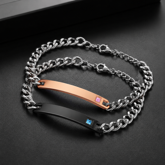Pulsera de Pareja Personalizable en Acero Inoxidable con Grabado Láser | Negra & Rose Gold