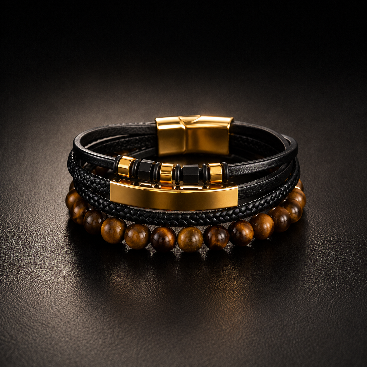 Set de Pulseras para Hombre de Cuero PU, Acero Inoxidable y Piedra Natural | Personalizable | 21.5 cm