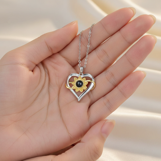 Collar de plata 925 de corazón e infinito de girasol personalizable con foto o texto, Collar con mensaje oculto.