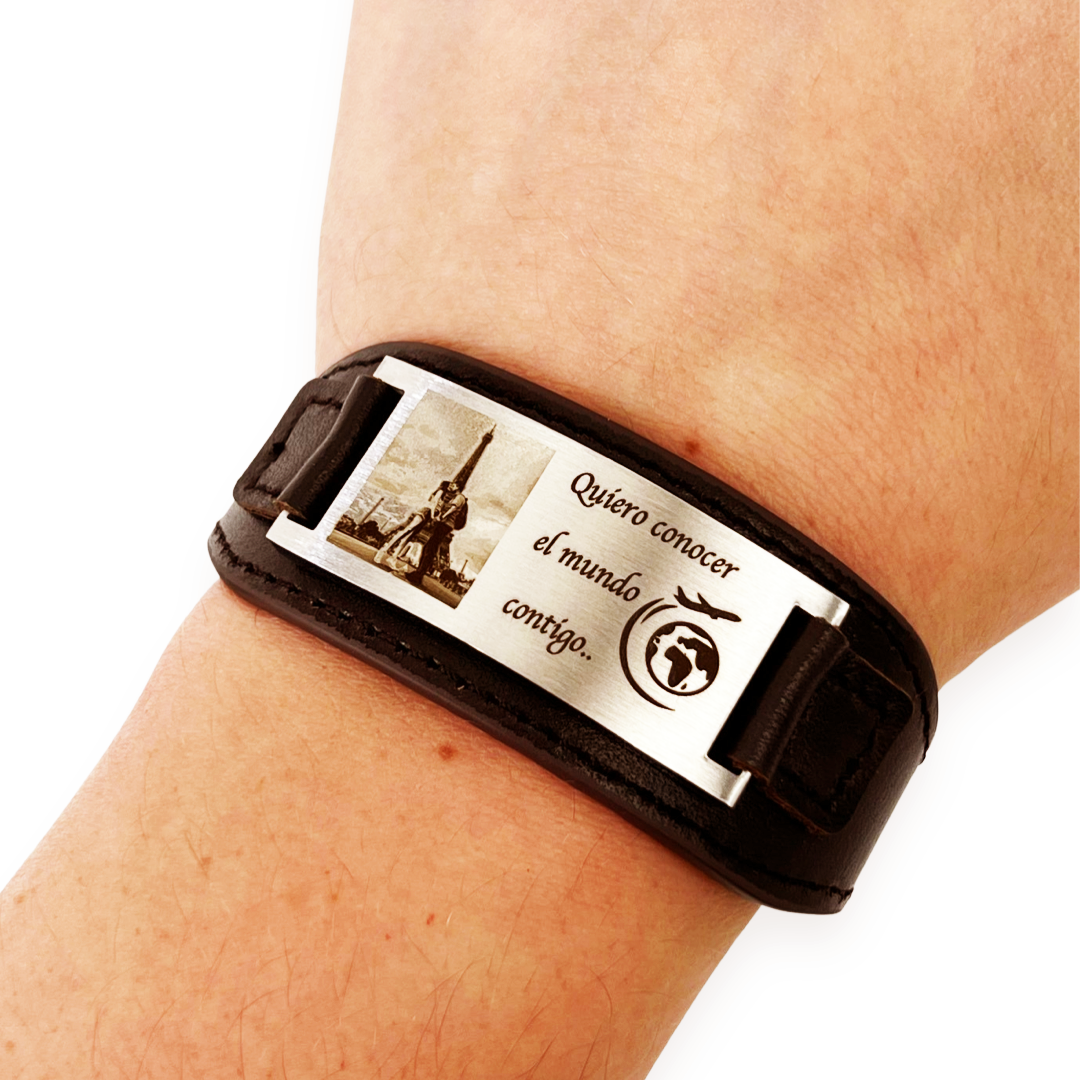 Pulsera de cuero con placa de acero inoxidable personalizable para caballero, pulsera personalizable.