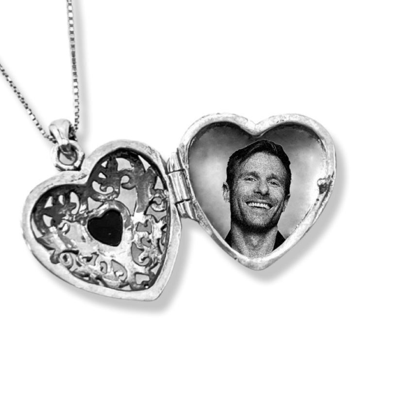Relicario de corazón negro de Plata, Collar Personalizable, Guardapelo personalizable con foto o mensaje, grabado laser