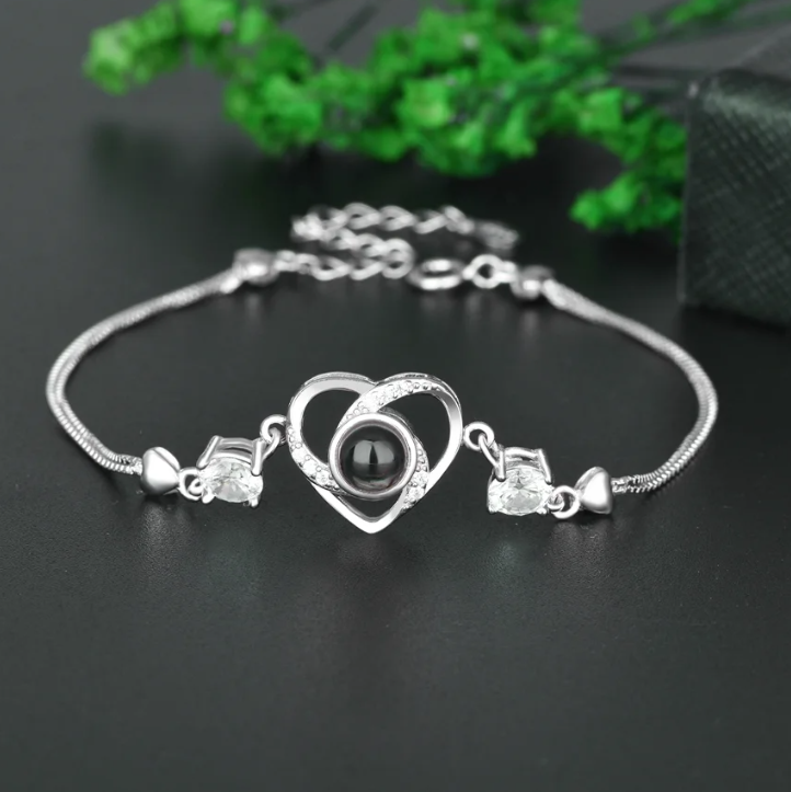 Pulsera de plata 925 de corazon personalizable con foto o texto, Pulsera con mensaje oculto.