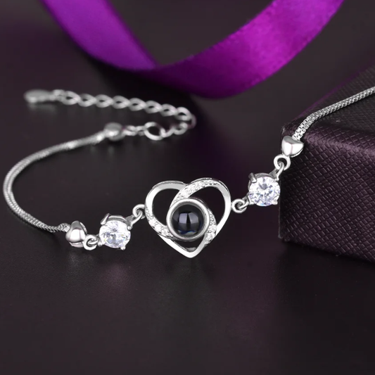 Pulsera de plata 925 de corazon personalizable con foto o texto, Pulsera con mensaje oculto.