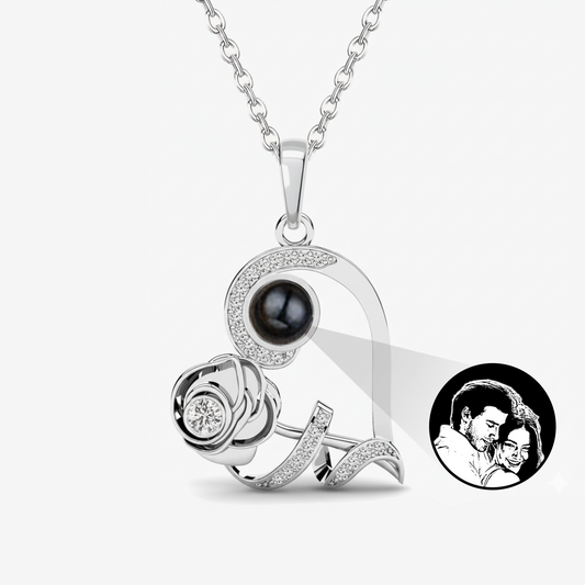 Collar de plata 925 de corazón con rosa, collar personalizable con foto, Collar de plata con foto sorpresa