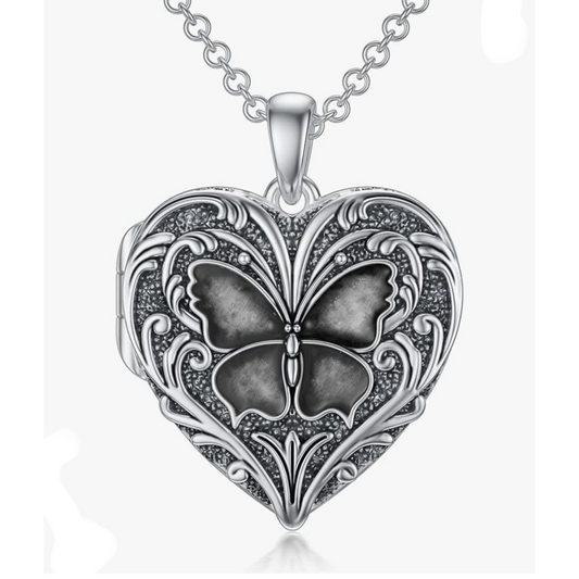 Relicario de Corazón de Plata con mariposa, Collar Personalizable, Guardapelo personalizable con foto o mensaje, grabado laser