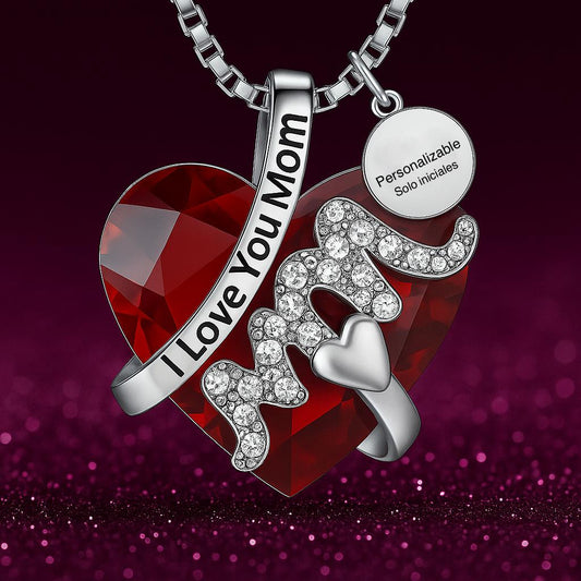 Collar de plata 925 de corazon rojo I LOVE YOU MOM, Collar de plata 925 para mamá