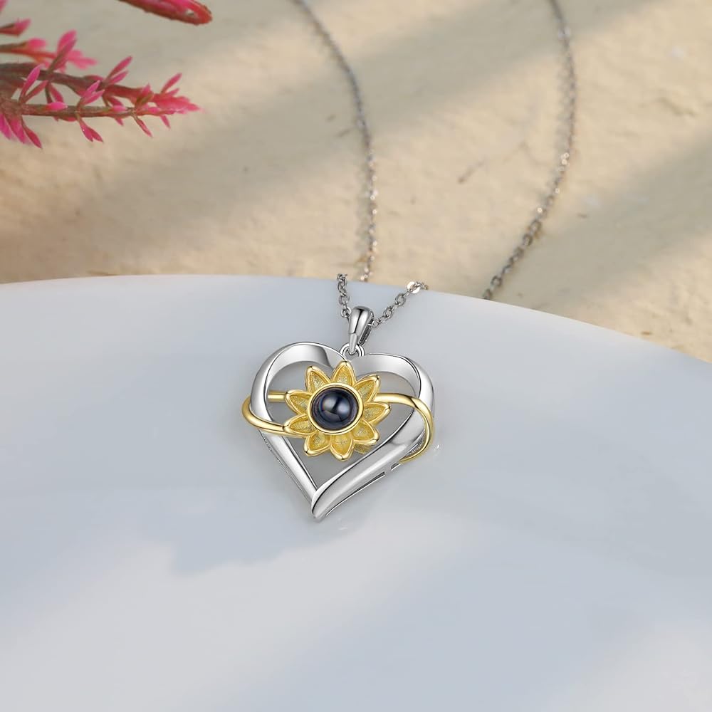 Collar de plata 925 de corazón e infinito de girasol personalizable con foto o texto, Collar con mensaje oculto.