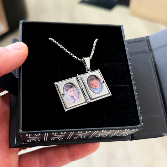 Collar de libro personalizable con fotos a color y texto, Libro de 2 paginas personalizable de Acero inoxidable