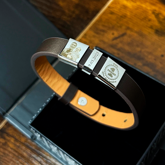 Pulsera de acero inoxidable y cuero genuino para caballero, pulsera personalizable con foto y texto