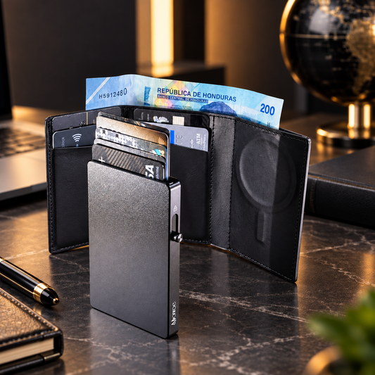 Monroe Business Wallet – Billetera Ejecutiva Premium de Cuero Genuino con MagSafe, Tarjetero de Aluminio y Cierre Magnético