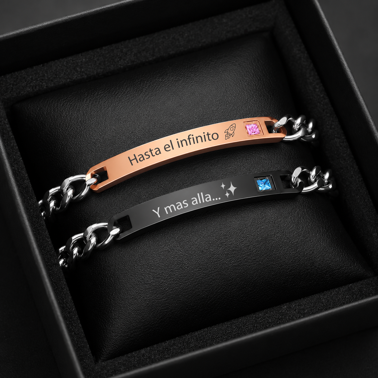 Pulsera de Pareja Personalizable en Acero Inoxidable con Grabado Láser | Negra & Rose Gold