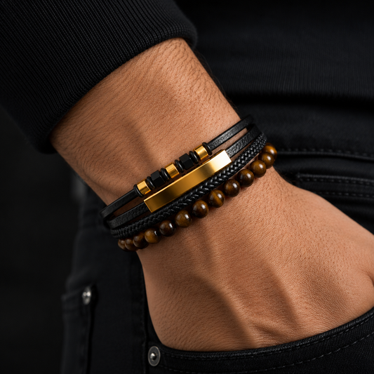 Set de Pulseras para Hombre de Cuero PU, Acero Inoxidable y Piedra Natural | Personalizable | 21.5 cm