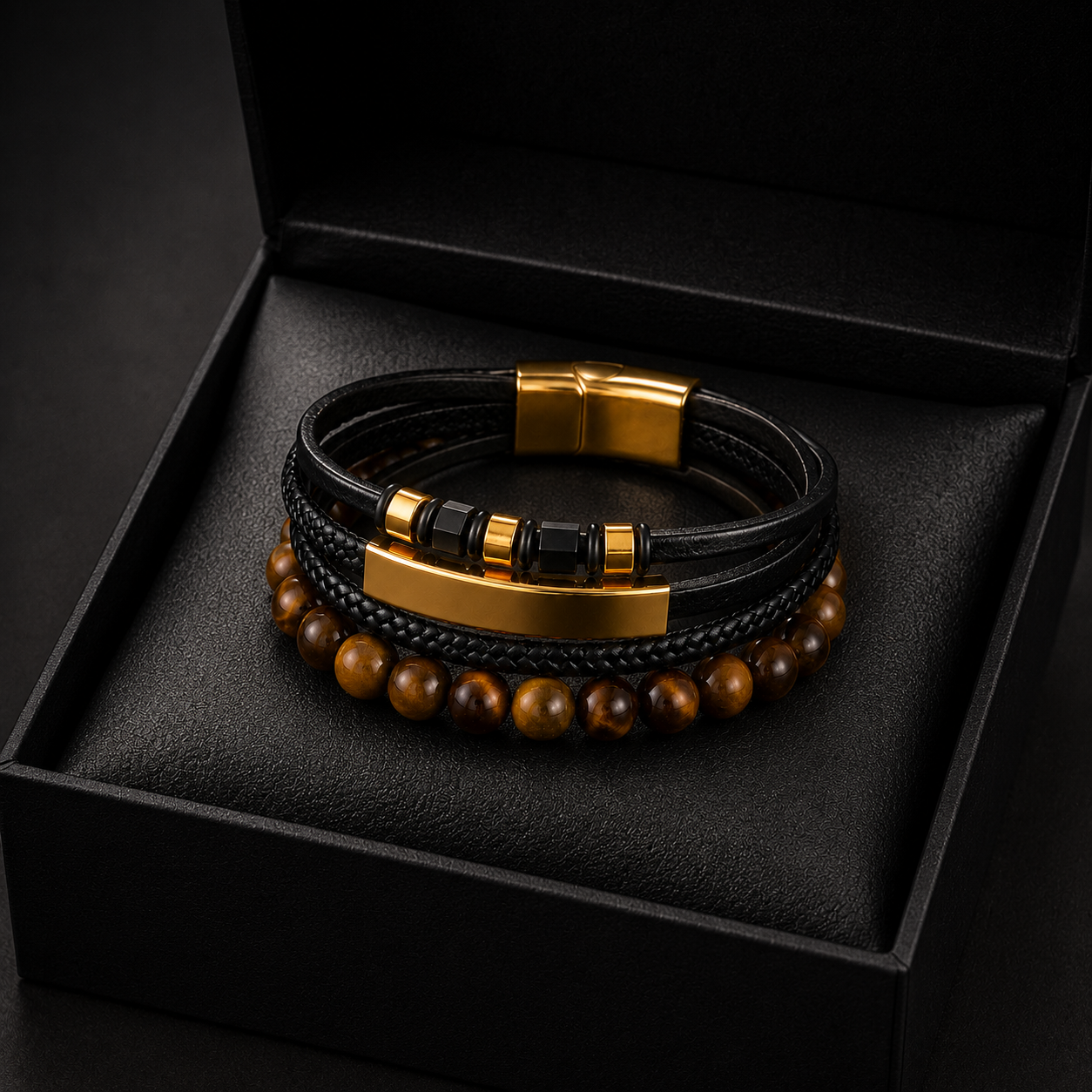 Set de Pulseras para Hombre de Cuero PU, Acero Inoxidable y Piedra Natural | Personalizable | 21.5 cm