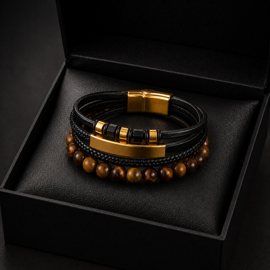 Set de Pulseras para Hombre de Cuero PU, Acero Inoxidable y Piedra Natural | Personalizable | 21.5 cm