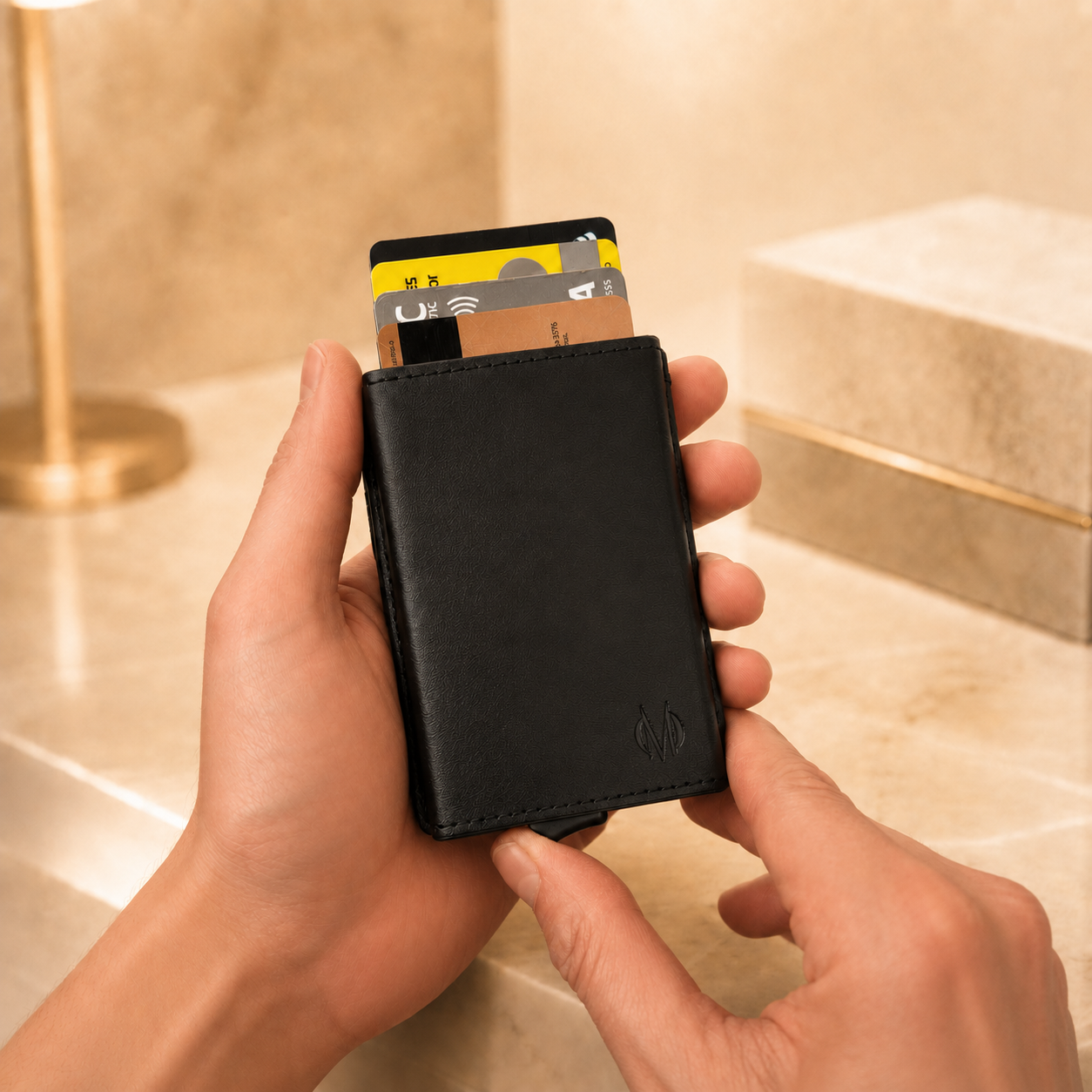 Billetera Magic Wallet Monroe para Hombre de Poliuretano con Expulsor Automático para 9 Tarjetas y Sistema Mágico para Guardar Efectivo
