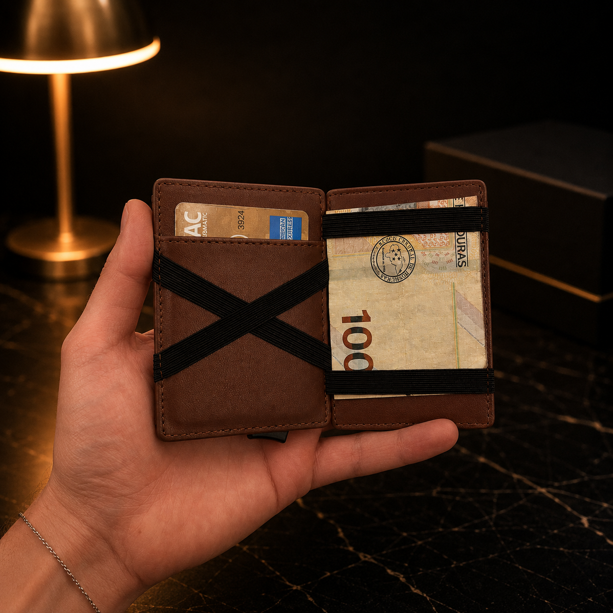 Billetera Magic Wallet Monroe para Hombre de Poliuretano con Expulsor Automático para 9 Tarjetas y Sistema Mágico para Guardar Efectivo