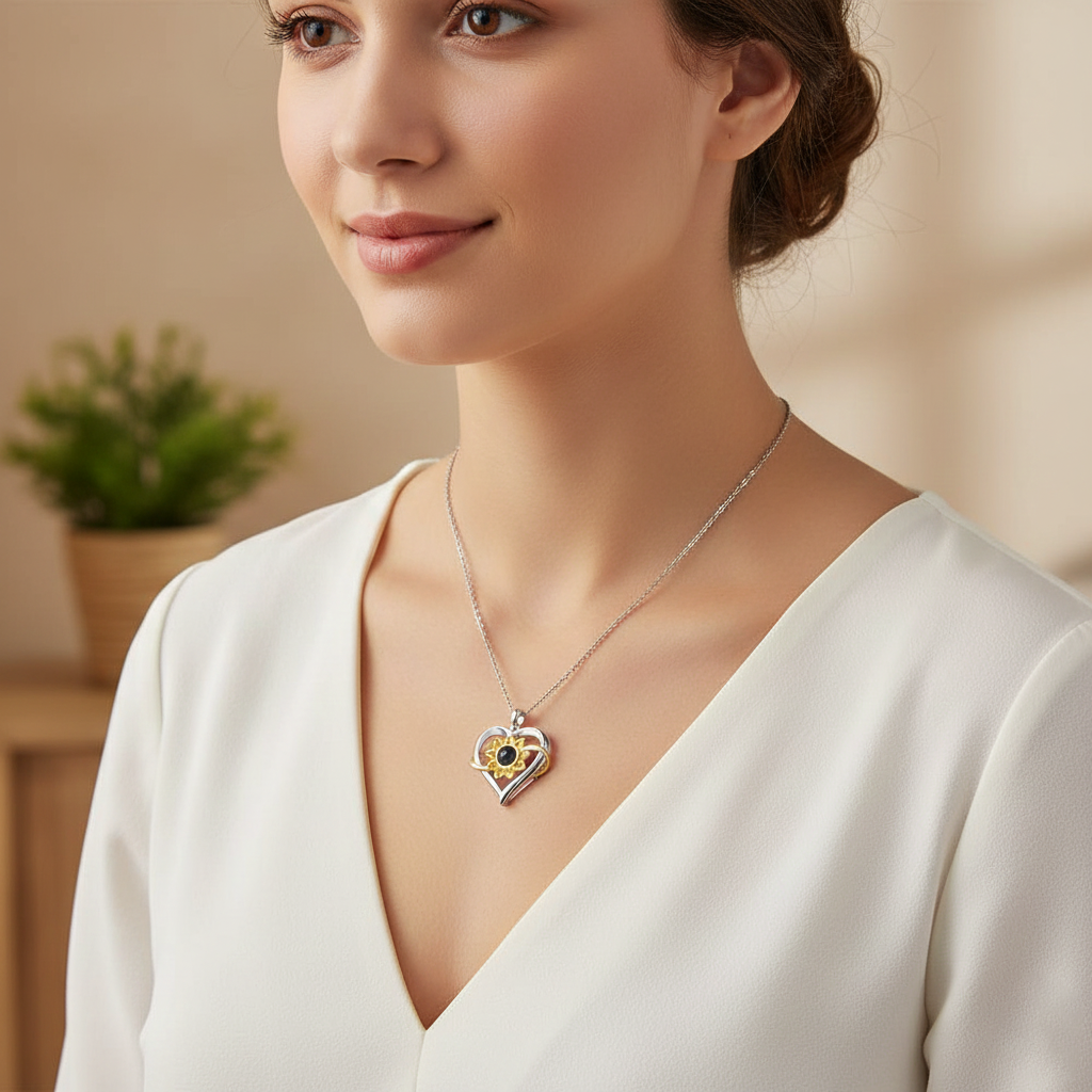 Collar de plata 925 de corazón e infinito de girasol personalizable con foto o texto, Collar con mensaje oculto.