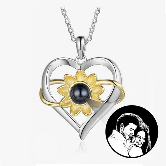 Collar de plata 925 de corazón e infinito de girasol personalizable con foto o texto, Collar con mensaje oculto.