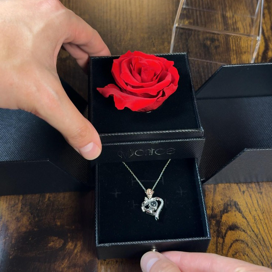 Caja de regalo con Rosa preservada para durar 5 años, con collar de plata 925 de poryeccion, regalo para impresionar a mi novia, rosa eterna, collar personalizable