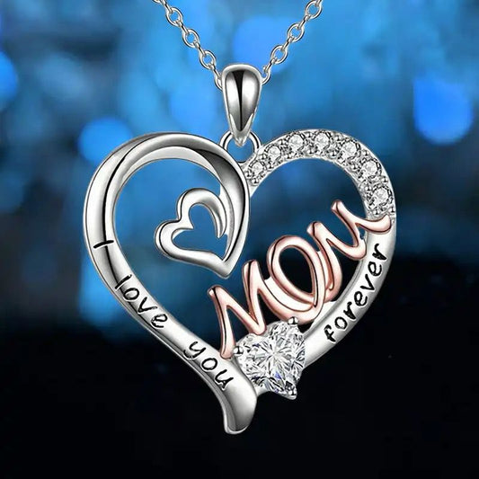 Collar de plata 925 de corazon I LOVE YOU MOM FOREVER, Collar de plata 925 para mamá