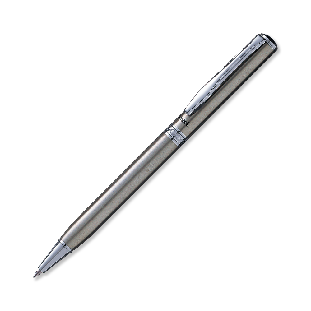 Bolígrafo Pentel con cuerpo de acero inoxidable con punto retráctil giratorio.