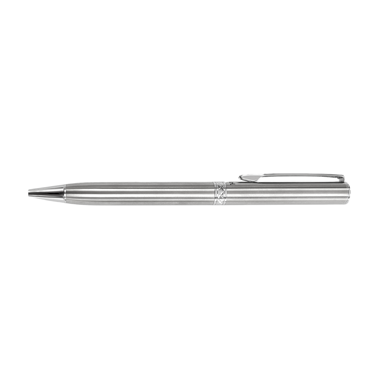 Bolígrafo Pentel con cuerpo de acero inoxidable con punto retráctil giratorio.
